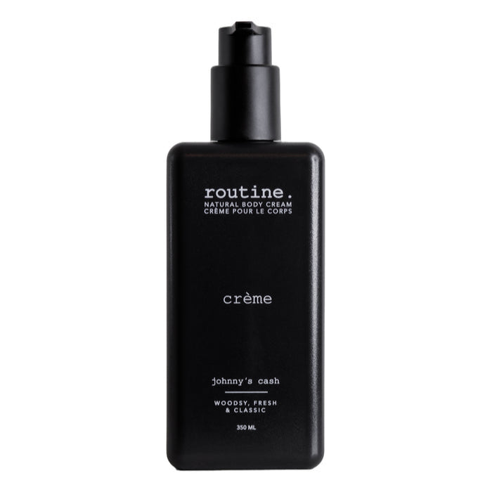 Black bottle of 'routine. crème' body cream on a white background